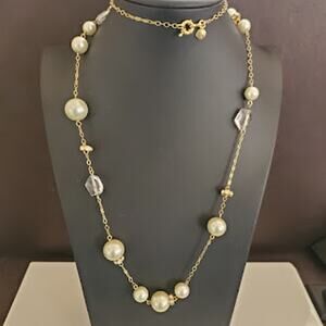 J. Crew Long Station Necklace Gold Tone Faux Pearls and Crystals Dressy‎